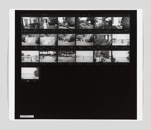 Black contact sheet showing rows of small black-and-white negatives of houses, yard, and waterfront scenes.
