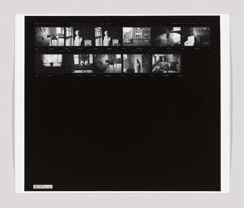 A contact sheet with black and white photos showing a person standing in a room and views of the room.