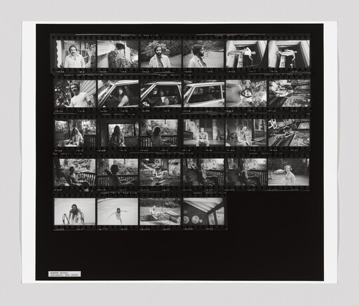 Black-and-white photographic contact sheet showing multiple snapshots of people outdoors, in cars, and swimming.