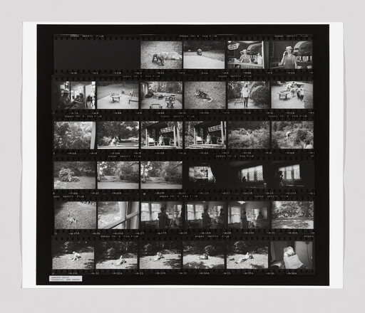 Contact sheet of black-and-white film frames showing people and dogs in gardens and indoor scenes.