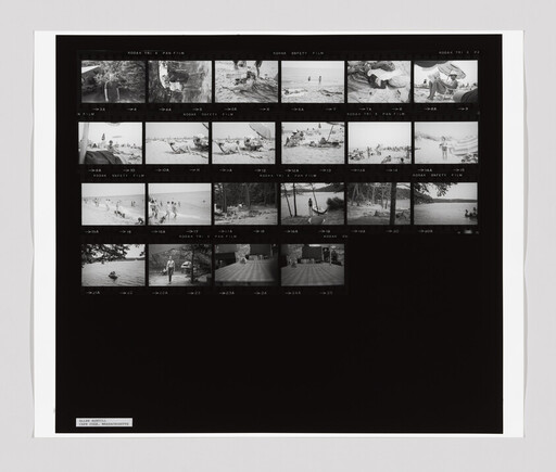 Contact sheet showing multiple small black-and-white photos of people at a lakeside beach and wooded area.