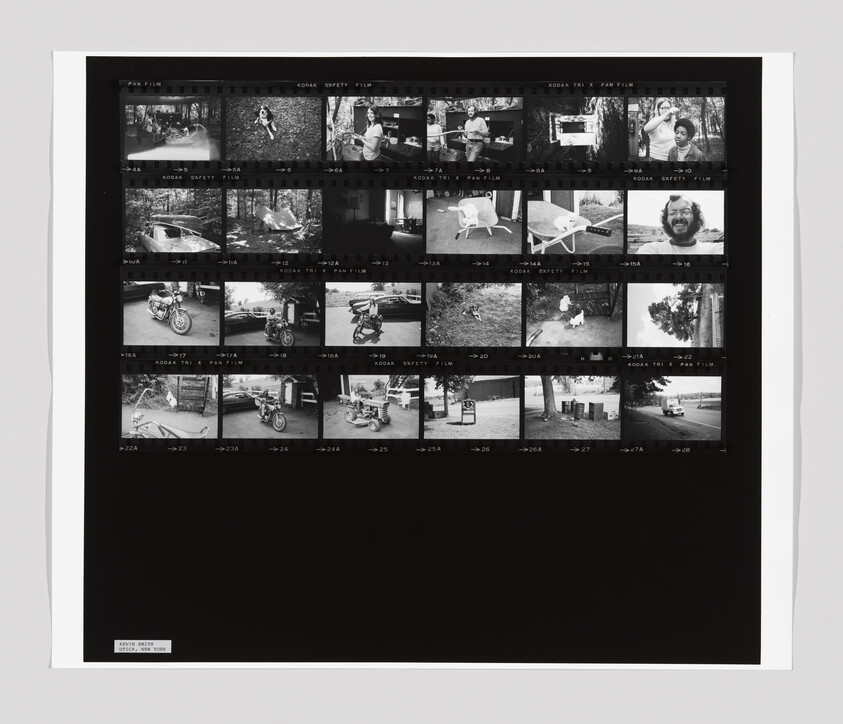 A black-and-white contact sheet shows various outdoor scenes, people, motorcycles, and a smiling man’s face.