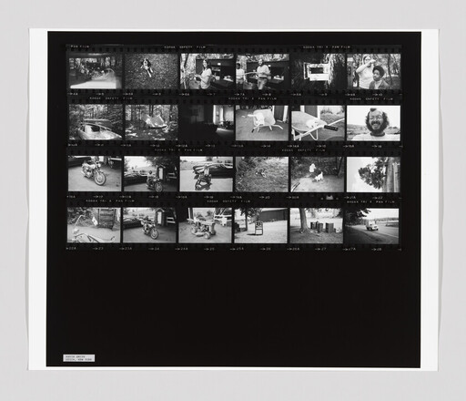 Black-and-white contact sheet showing small photos of people, motorcycles, chairs, and outdoor scenes.