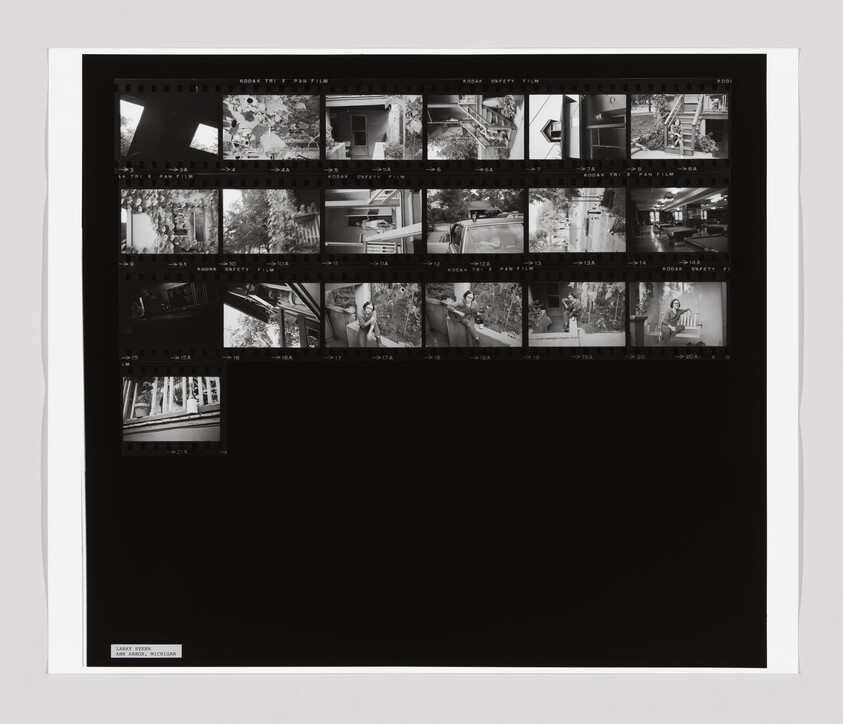 A contact sheet with multiple black-and-white film photos showing a person outdoors, near buildings and plants.