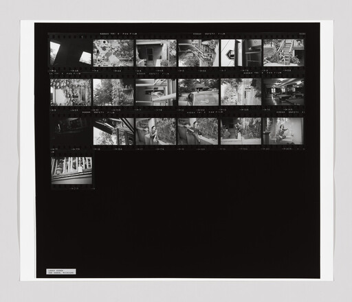 Black-and-white contact sheet showing multiple small film frames of outdoor scenes and a seated person.