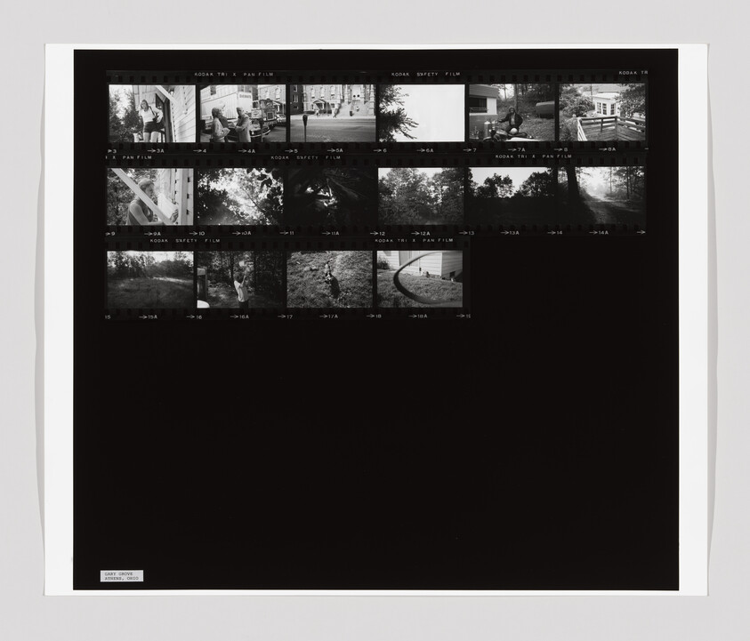 A black-and-white contact sheet shows people working outside a house, children playing, and outdoor scenes with trees.