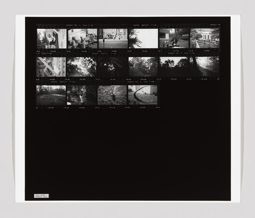 Black-and-white film contact sheet showing small thumbnail negatives of people and outdoor scenes.