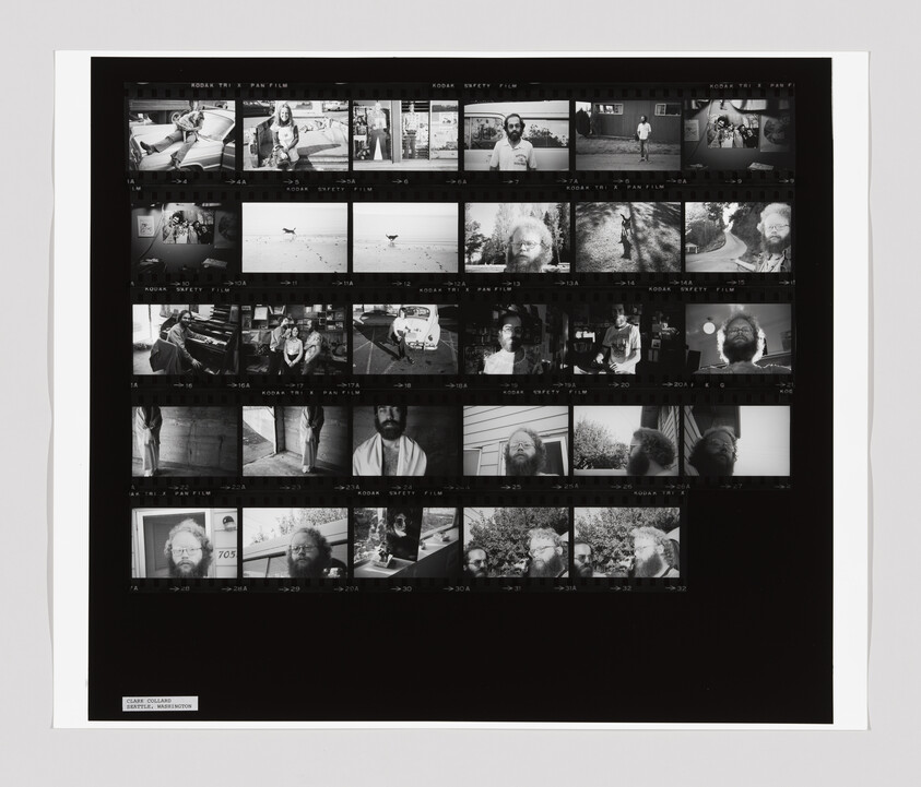 A contact sheet with multiple black and white photos showing a bearded man in various locations and activities.