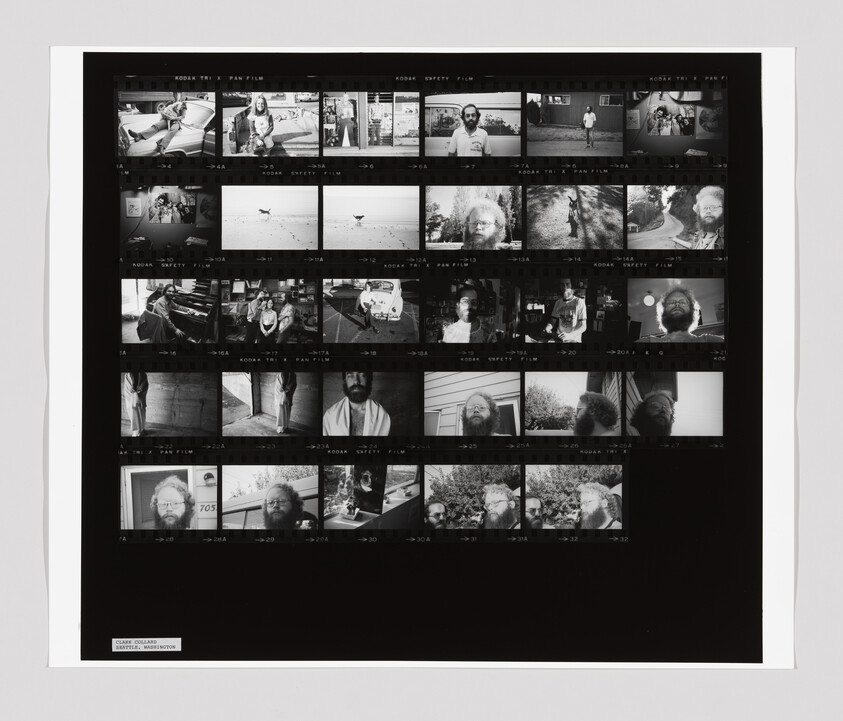 Black-and-white photographic contact sheet showing many small frames, mostly portraits of a bearded man.