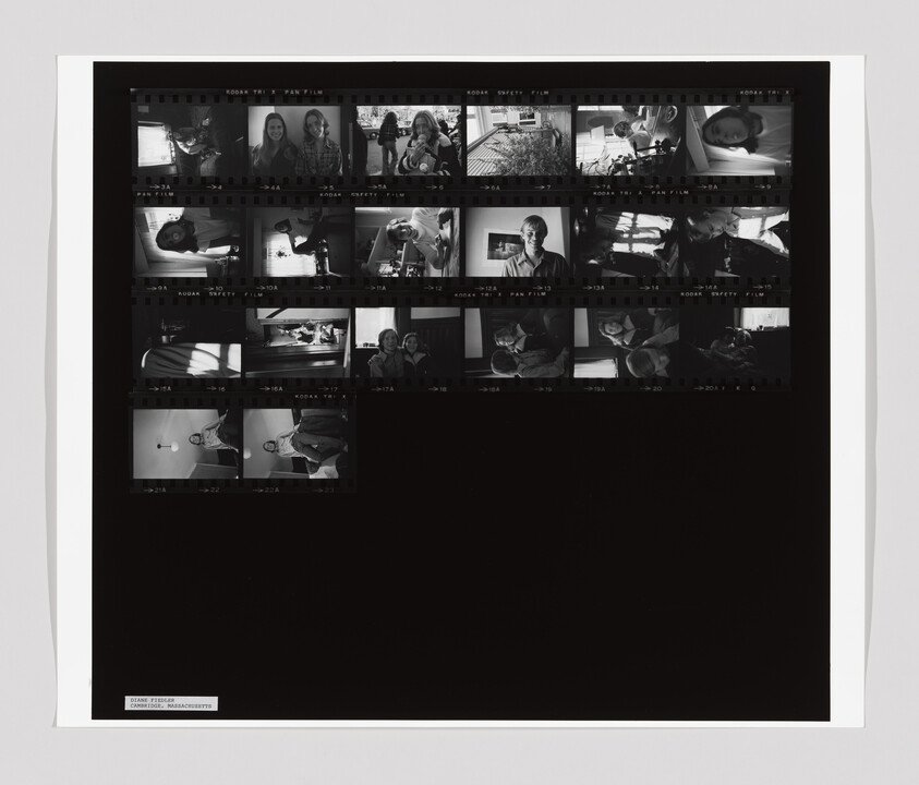 A contact sheet with multiple black-and-white photos showing people indoors, some smiling, some engaged in daily activities.