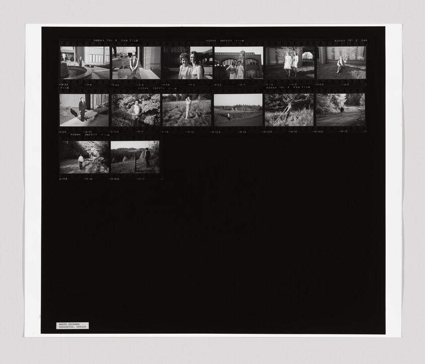 Black-and-white contact sheet showing multiple small portraits and outdoor scenes of people.