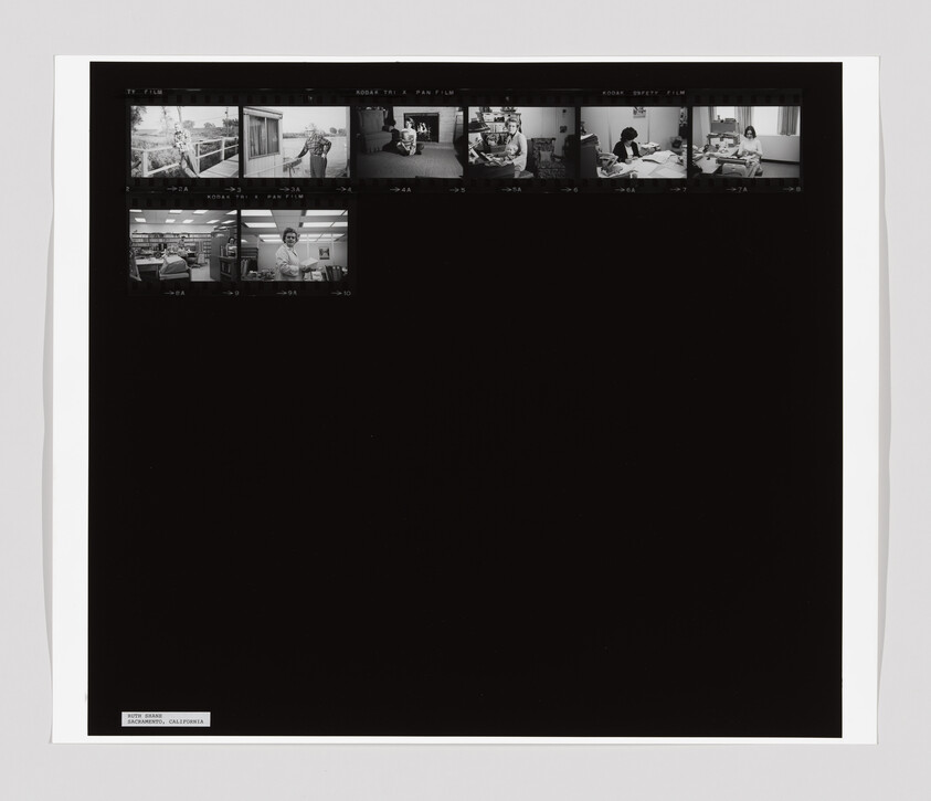 A contact sheet with eight small black-and-white photos showing people indoors and outdoors in various everyday activities.