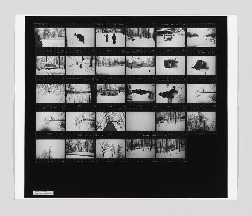 Contact sheet of black-and-white winter negatives showing people, trees, houses, and snowy landscapes.