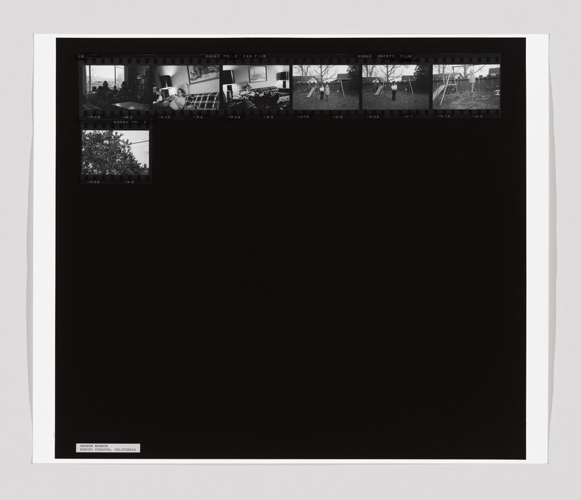 Black-and-white contact sheet showing small film frames of people in a living room and children on a backyard swing.