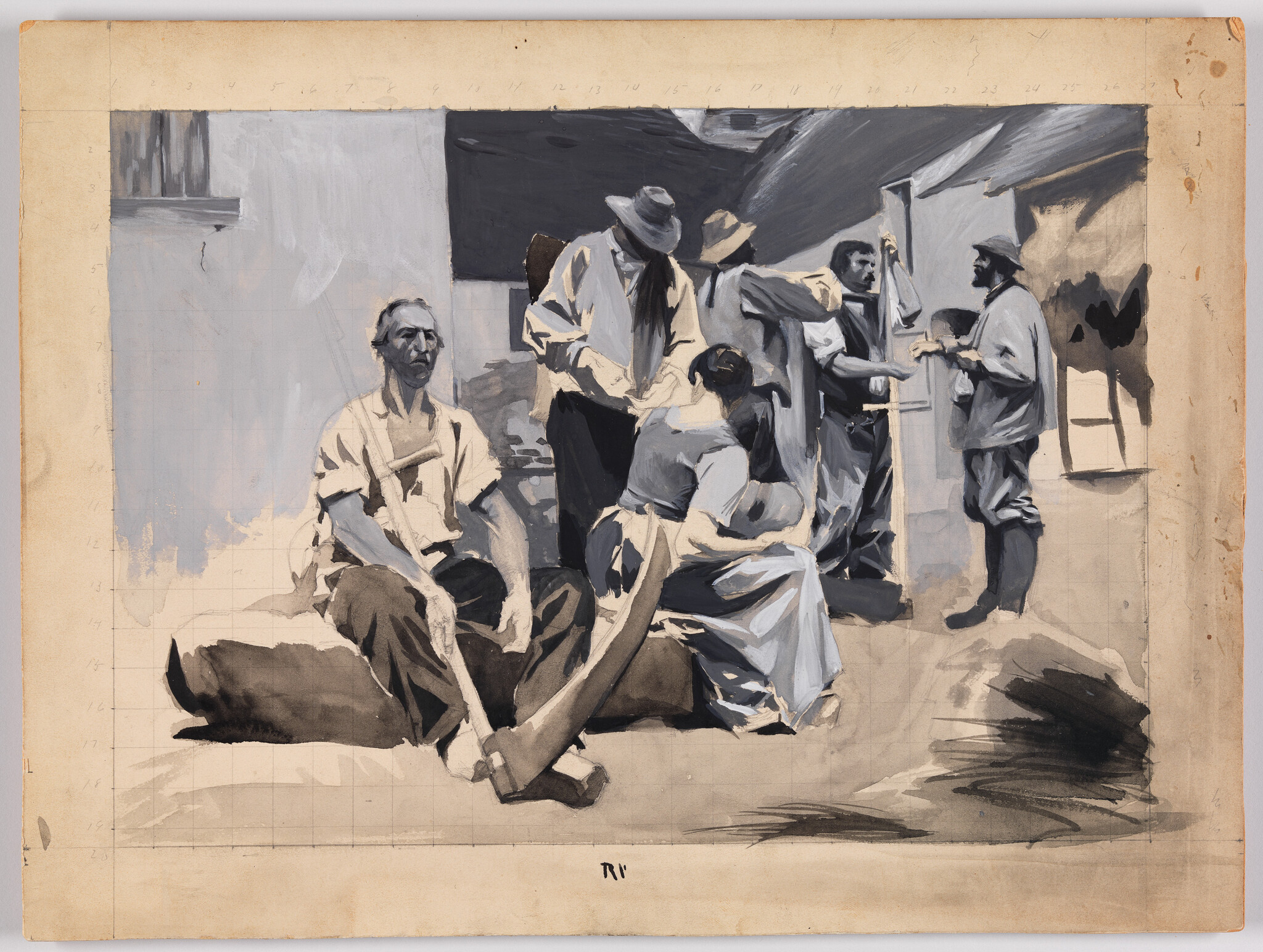 Several workers gather outside a building as a seated man rests with a large axe.