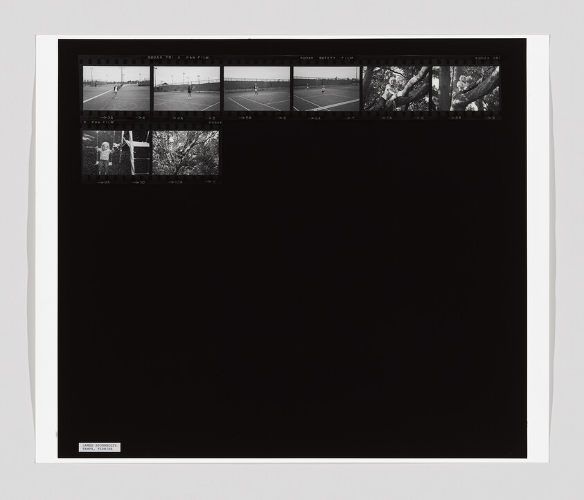 A contact sheet with small black-and-white photos of a person on a tennis court and a person in a tree.