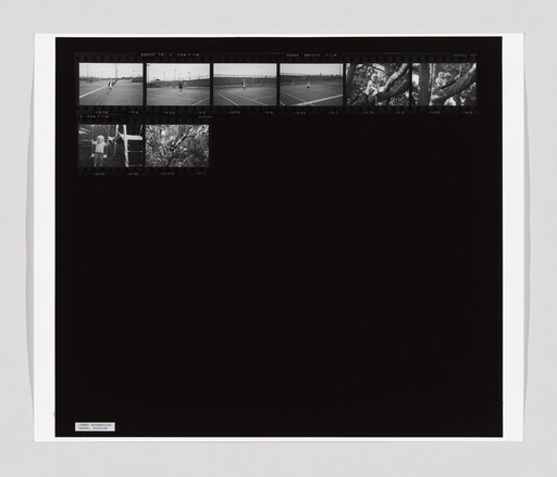 Contact sheet showing small black-and-white frames of a person on a tennis court and children in a tree.