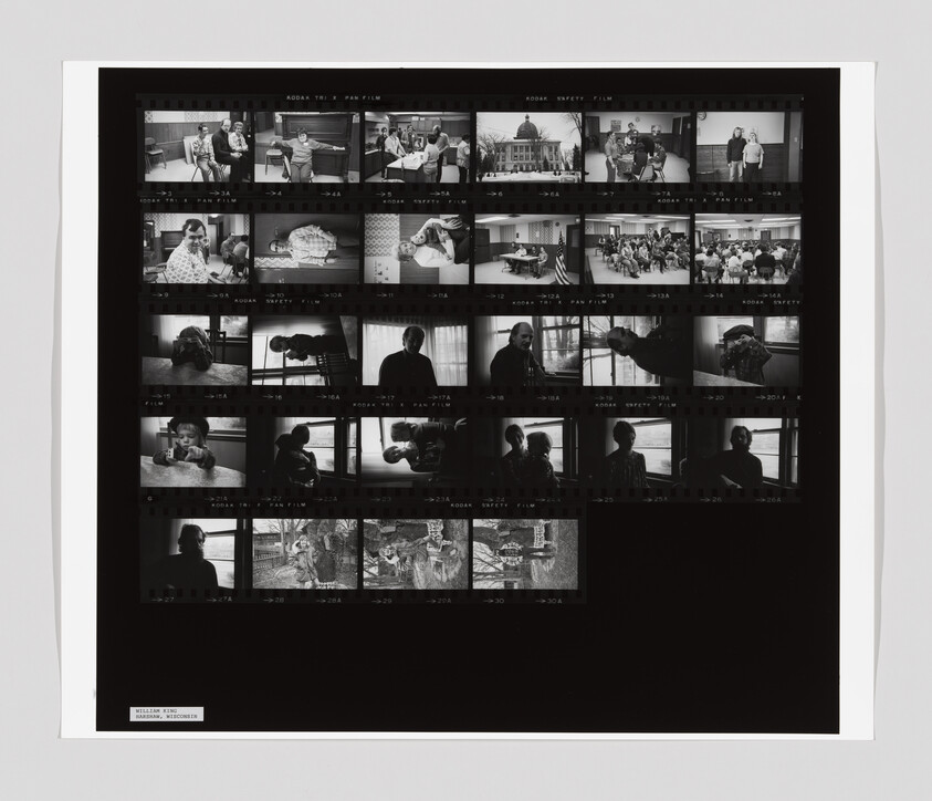 A black-and-white contact sheet shows multiple small photos of people indoors, a group meeting, and outdoor scenes.