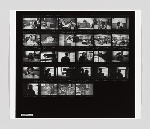 Contact sheet of black-and-white film negatives showing multiple portraits and everyday scenes.