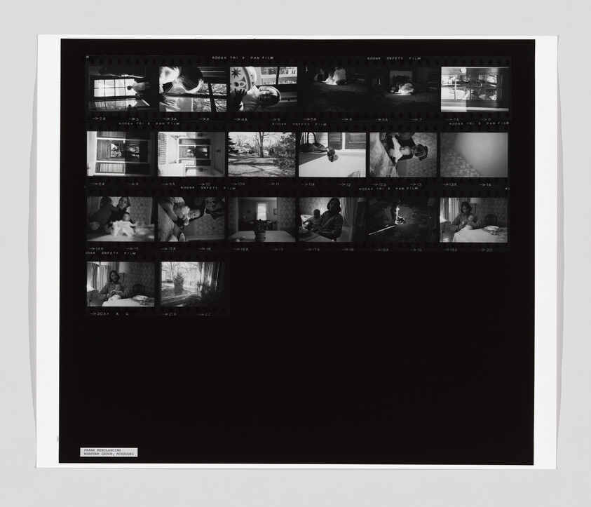 Black-and-white film contact sheet showing small negative frames of domestic scenes, portraits, and interiors.