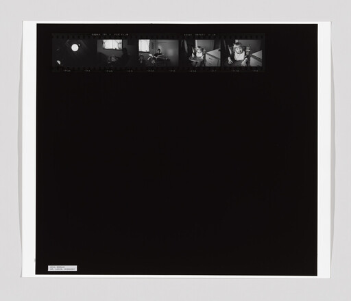 Black-and-white contact sheet showing five small frames of a toddler sitting in a high chair.