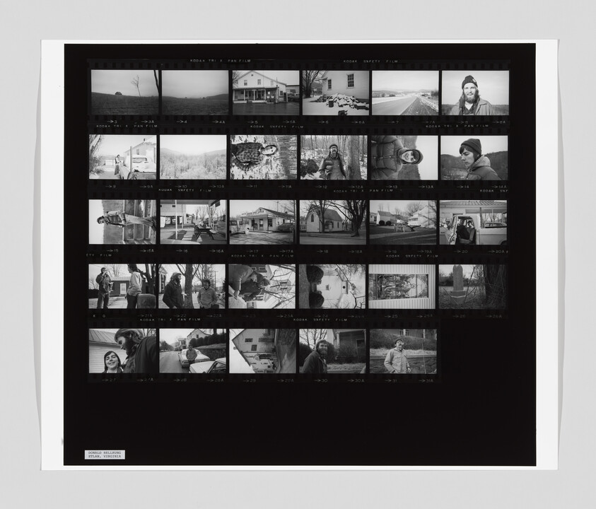 A black and white contact sheet shows various scenes of people, houses, and outdoor settings in a rural area.