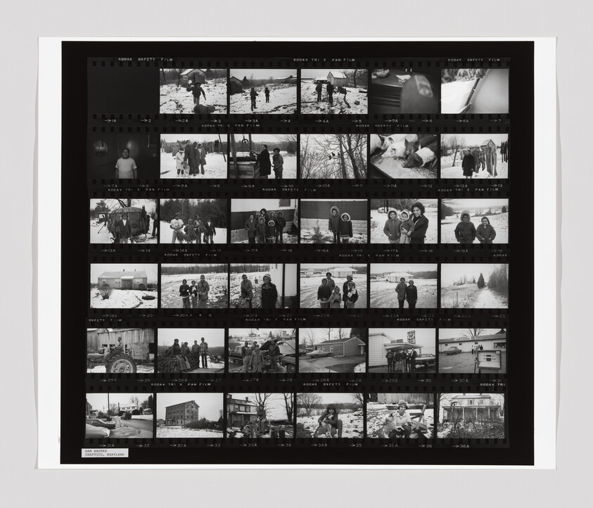 A contact sheet with multiple black-and-white photos showing people outdoors in snowy settings, some standing in groups.