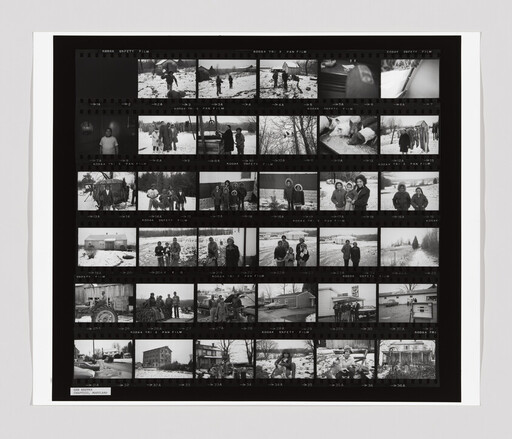 Contact sheet showing multiple black-and-white photos of people and families outdoors in snowy rural scenes.