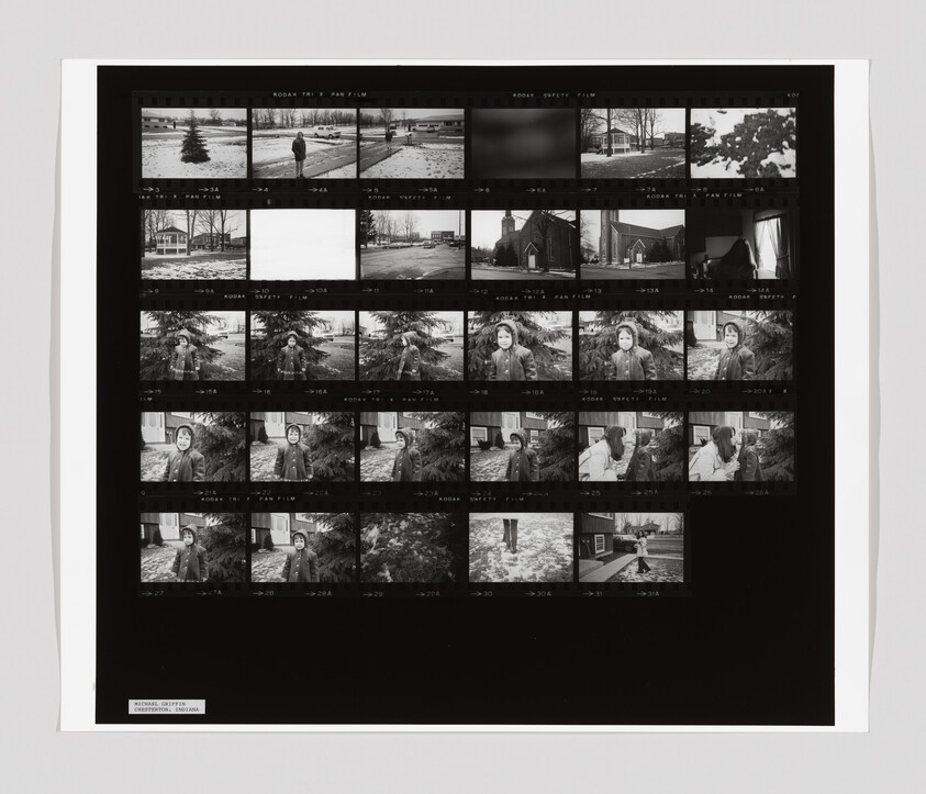 Black-and-white contact sheet of winter neighborhood scenes and multiple portraits of a child by a tree.