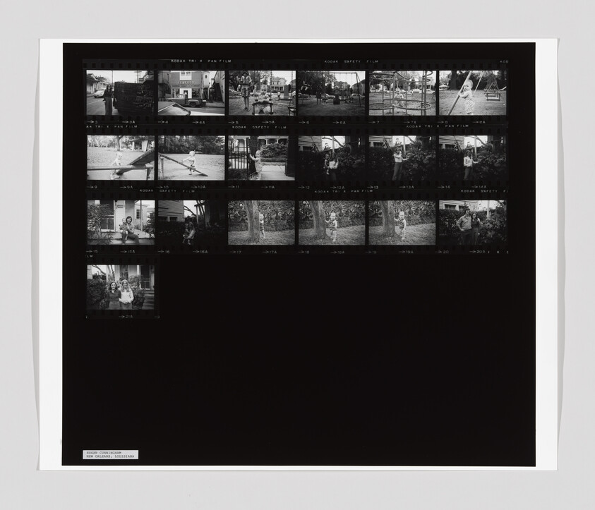 A contact sheet with small black-and-white photos showing children playing outside, some on swings and playground equipment.