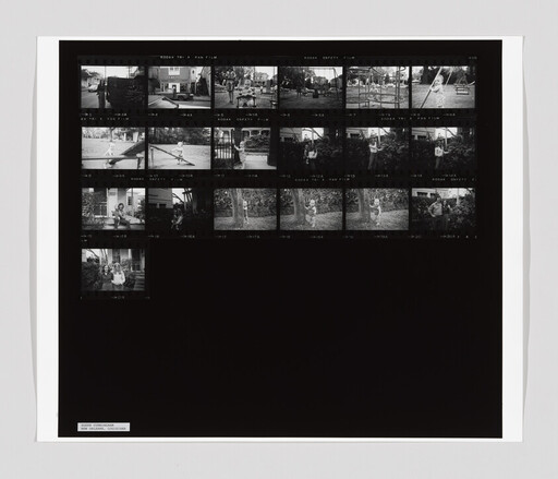 Black-and-white contact sheet showing small photos of children playing outdoors on swings and seesaws.