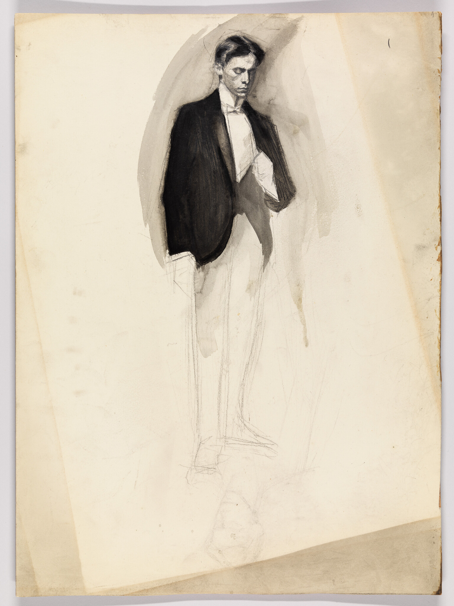 A pencil and wash sketch of a standing man wearing a tuxedo with one hand in his jacket.
