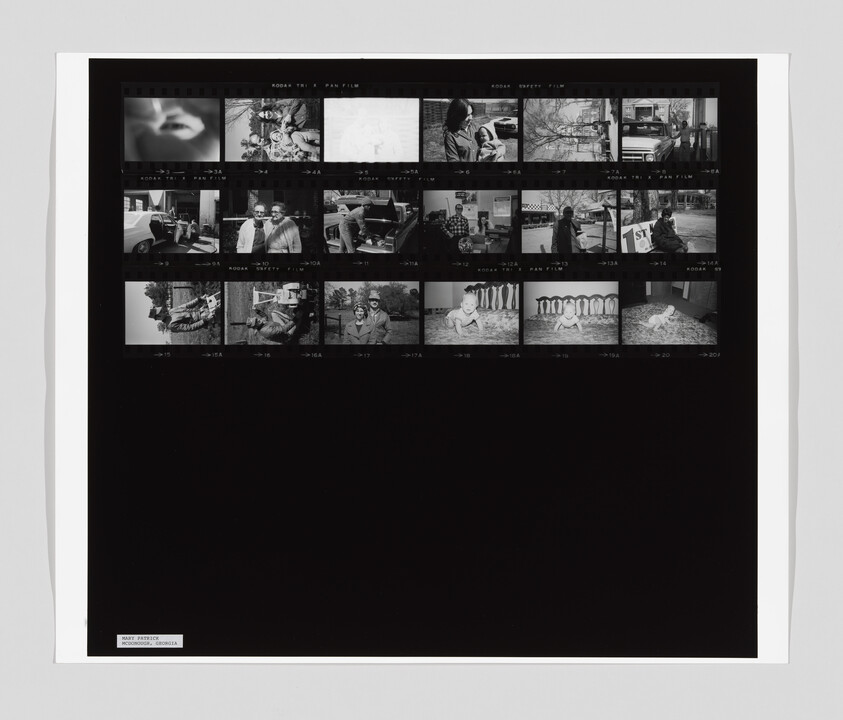 A black-and-white contact sheet shows small photos of people, cars, and a baby in various everyday scenes.