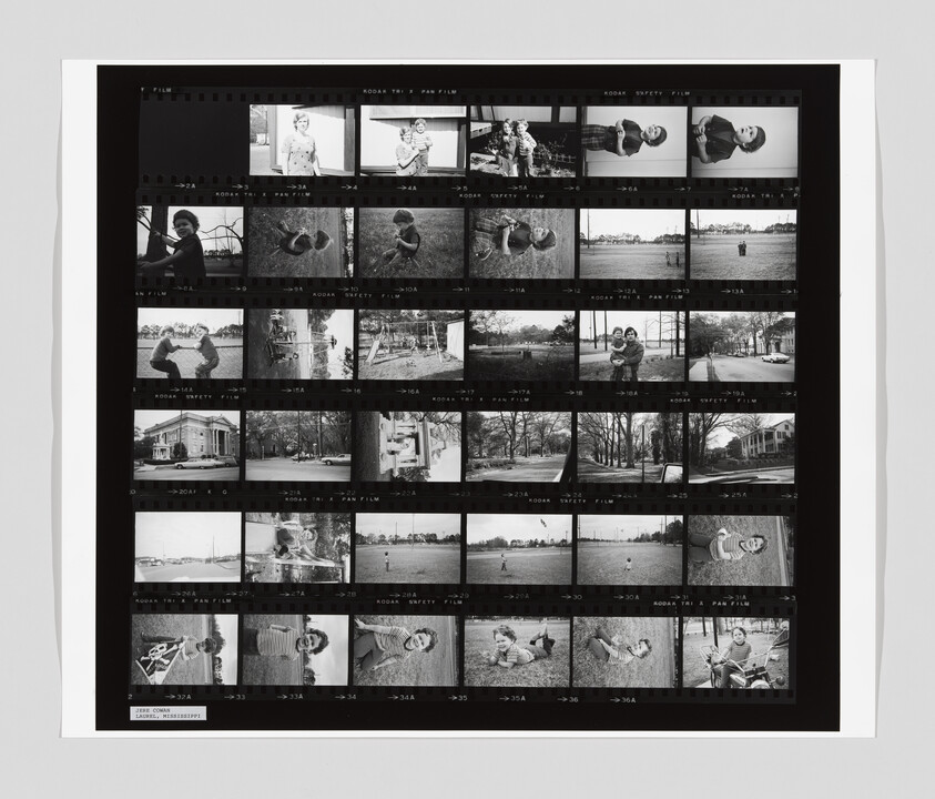 A black and white contact sheet shows children playing outside, climbing trees, and posing for the camera in a park.
