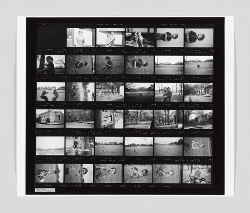 Black-and-white contact sheet shows children playing outdoors and posing for portraits.