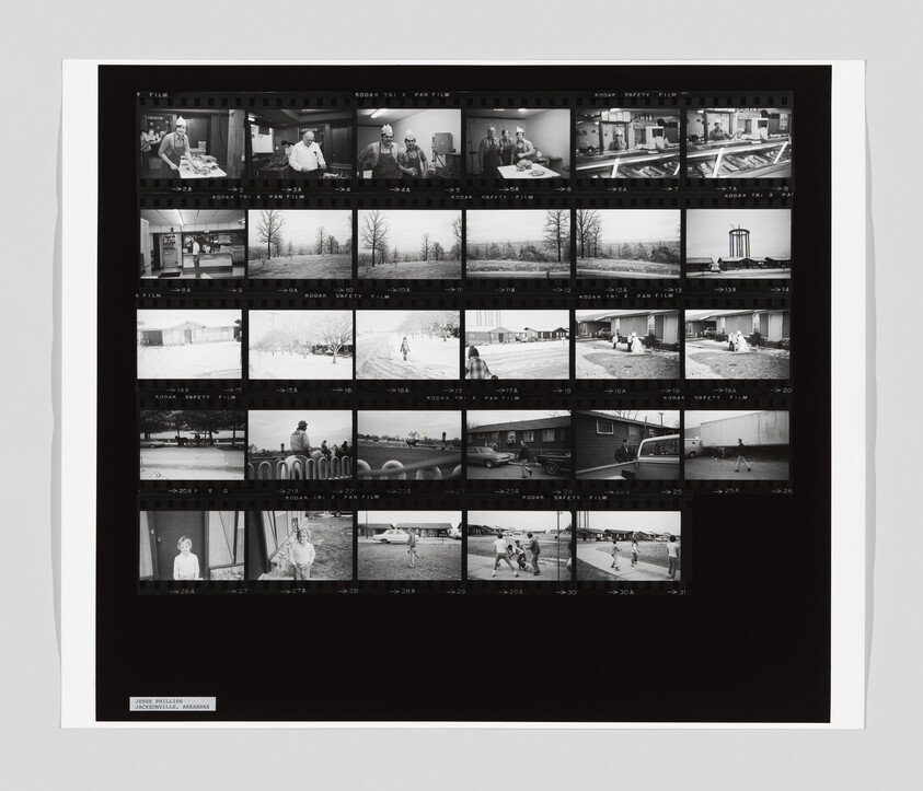 Contact sheet of black-and-white photographs showing people, houses, snowy scenes, and outdoor activities.