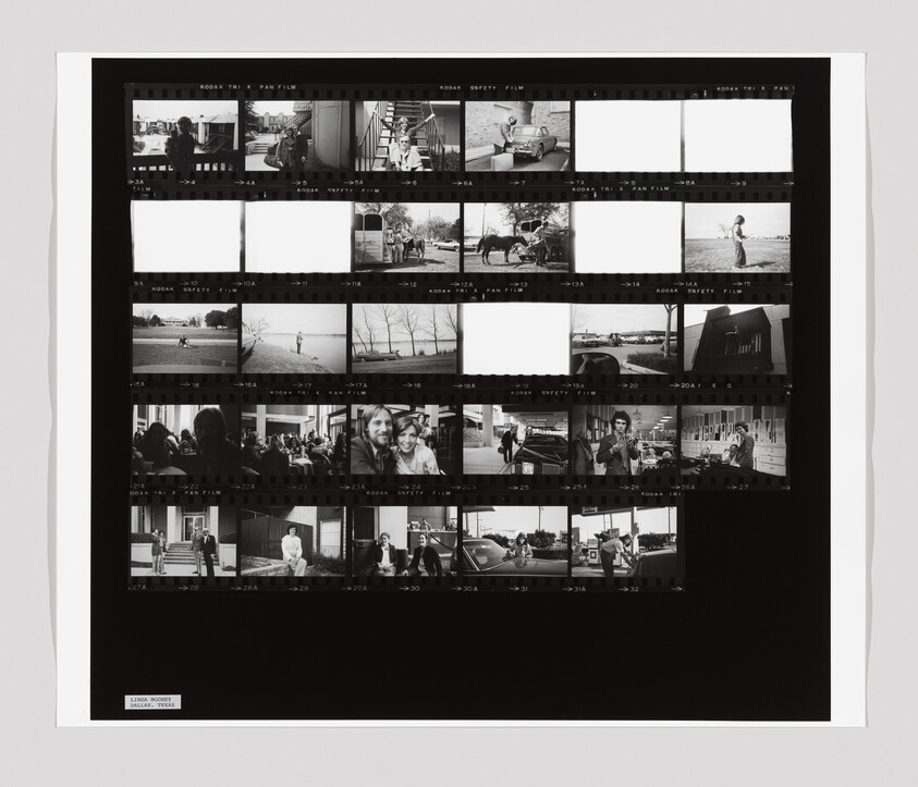 Contact sheet of black-and-white film strips showing small candid photos of people, cars, and landscapes.