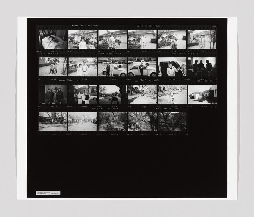 A contact sheet with multiple black-and-white photos showing people, cars, and houses in a suburban neighborhood.