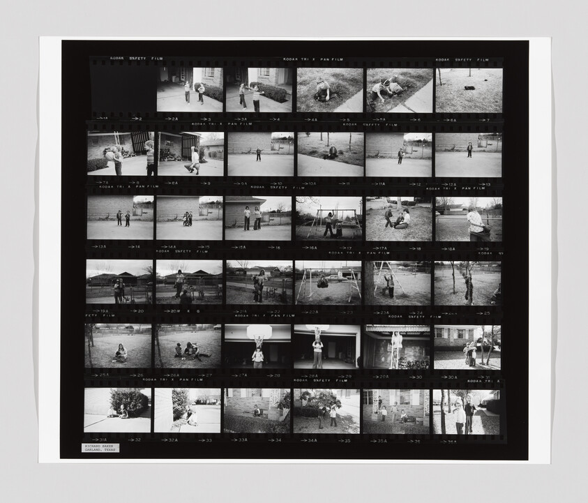 A contact sheet with multiple black-and-white photos of children playing outside, swinging, and posing in a yard.