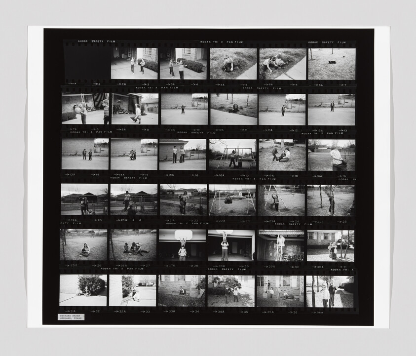 Contact sheet showing multiple black-and-white frames of children playing outdoors and on swings.