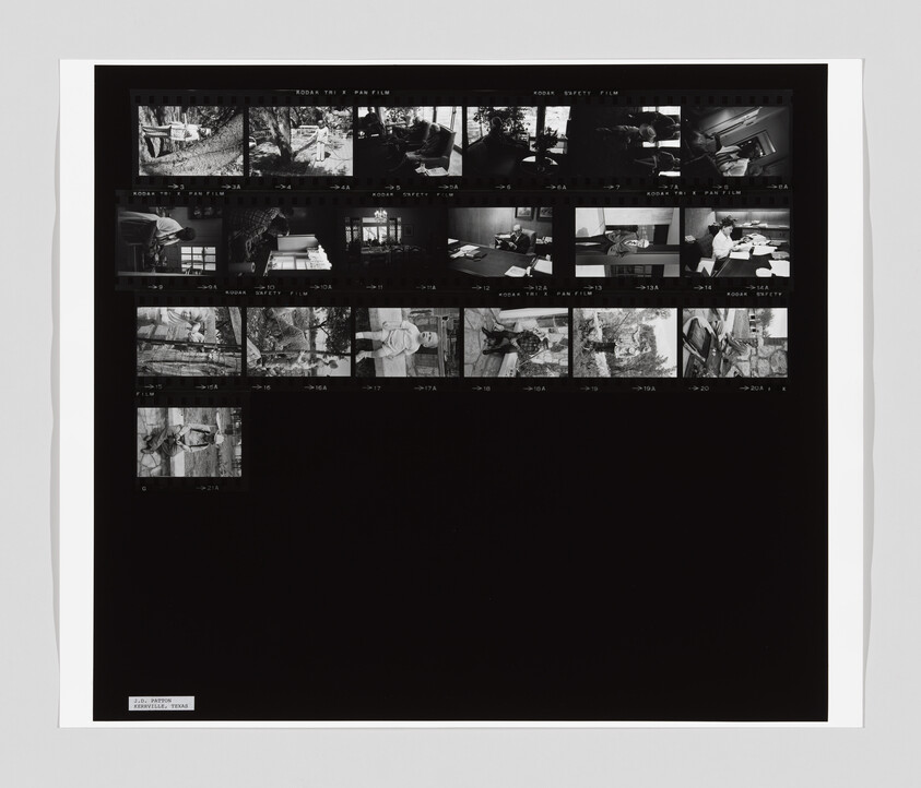 A black and white contact sheet shows multiple small photos of people working, reading, and sitting outdoors and indoors.