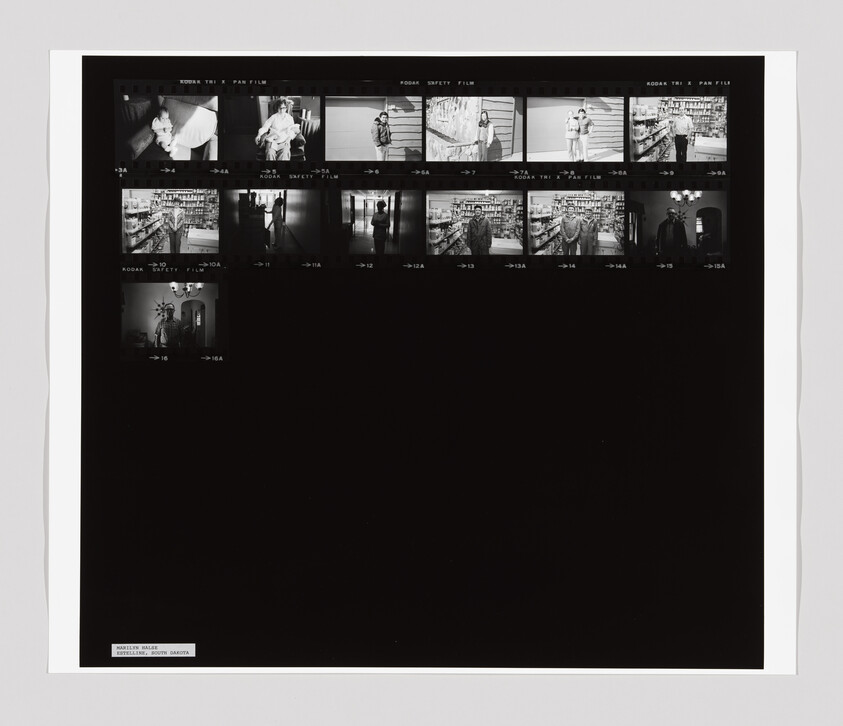 A contact sheet with small black and white photos of people standing indoors and outdoors, some in a store aisle.