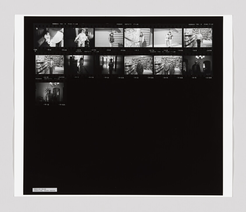 Black-and-white contact sheet showing small film frames of people in grocery aisles and home interiors.