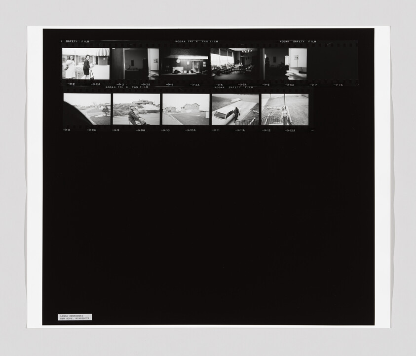 A contact sheet with small black-and-white photos showing people indoors and outdoors, including a person near a car.