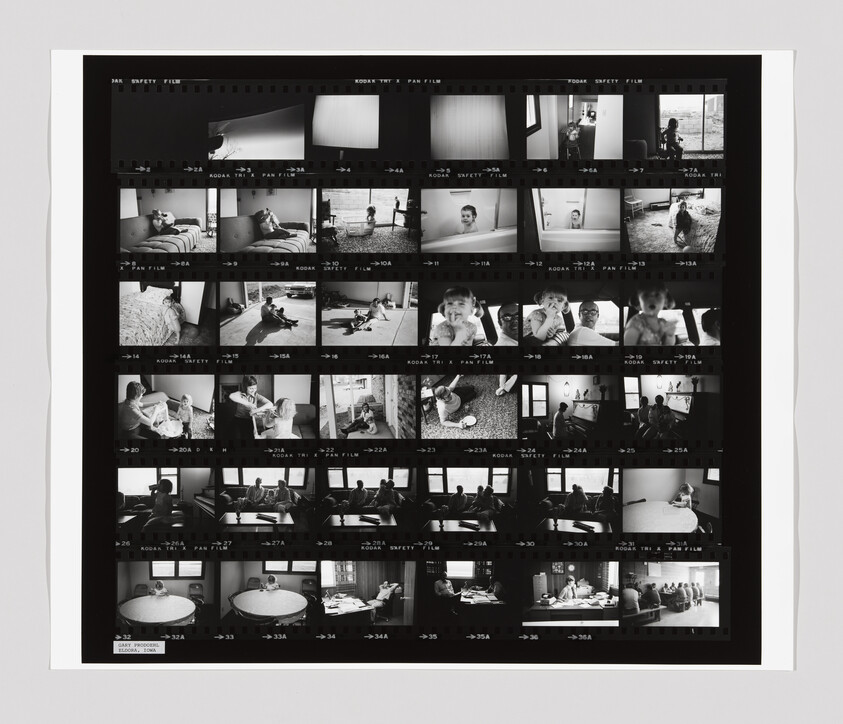 A black and white contact sheet shows various scenes of children and adults indoors, some sitting, playing, or eating.