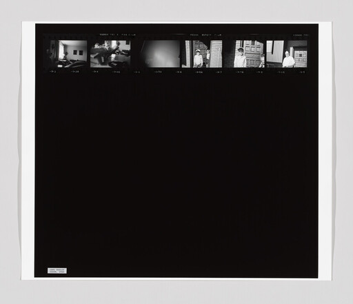 Black contact sheet with a row of small black-and-white film frames showing a person by doors.