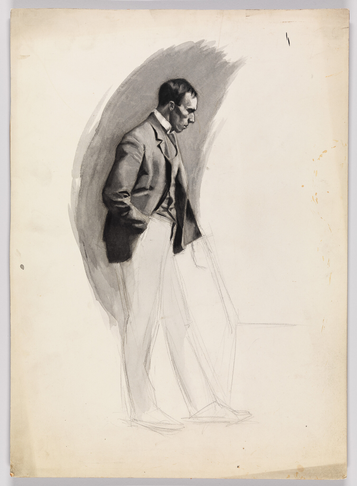 A charcoal sketch of a man in a suit standing with his hands in his pockets.