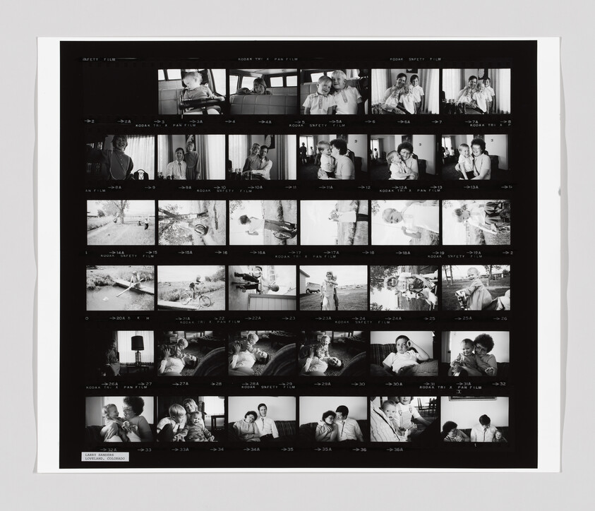 Black-and-white contact sheet showing multiple family portraits and candid moments of parents and children.