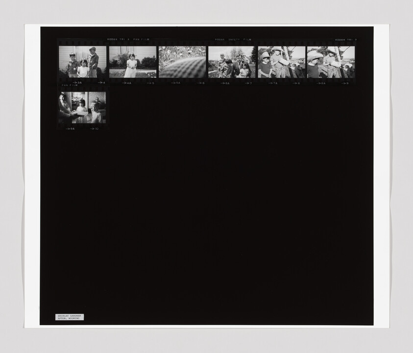 A contact sheet with small black-and-white photos of people outdoors and sitting together, mostly in the top row.