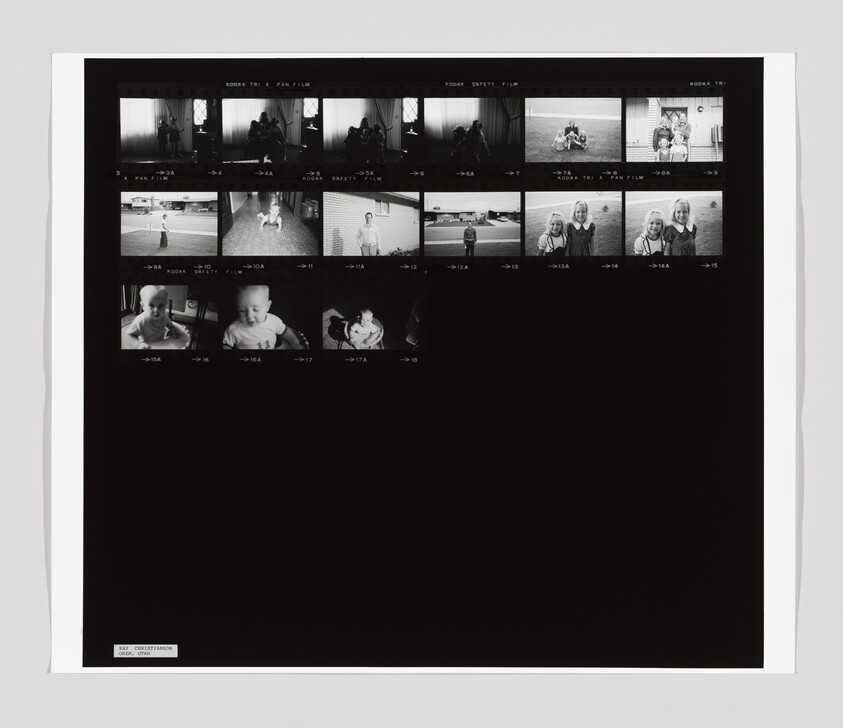 A contact sheet with black-and-white photos showing children and adults in various indoor and outdoor settings.